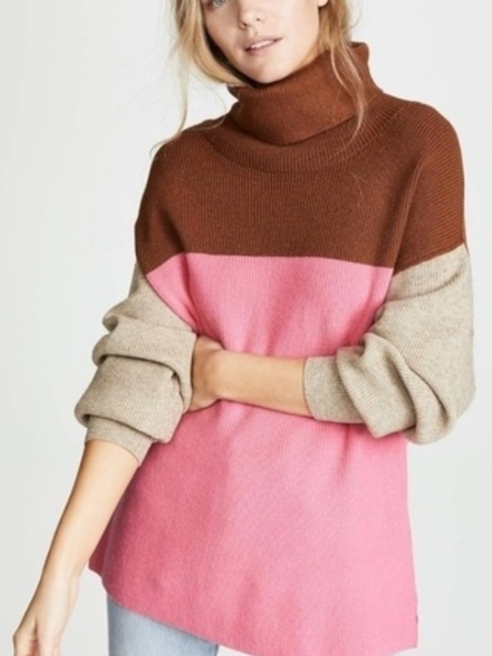 Free People Colorblock Turtleneck Sweater - Pink, Brown & Cream